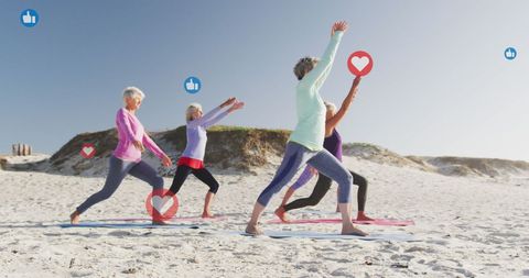 Senior Women Practicing Yoga on Beach with Social Media Icons