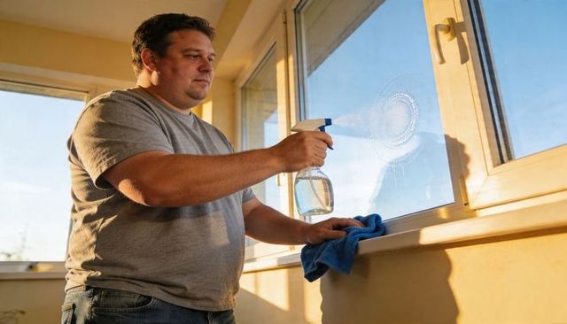 Man cleaning window with spray bottle and blue cloth in sunlit home interior