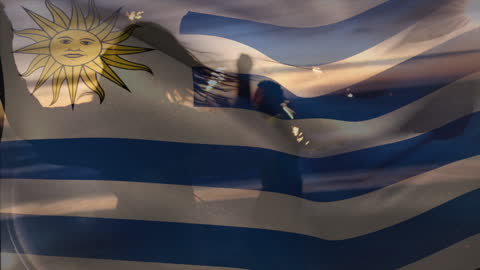 Uruguay Flag Blending with Beach Sunset and Friends