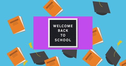 Back to school welcome sign with graduation icons