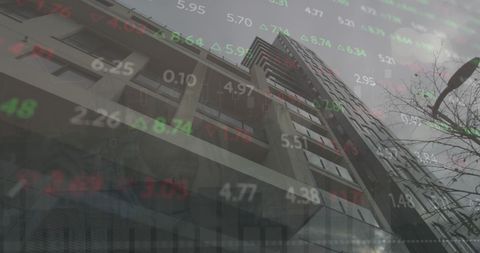 Financial Data Overlaid on Urban Skyscraper