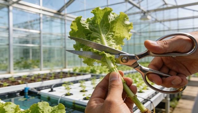 Hands harvesting lettuce in hydroponic greenhouse using scissors, close-up crop care