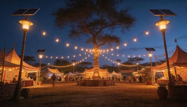 Glowing central tree anchoring twilight market with string lights and patterned tents