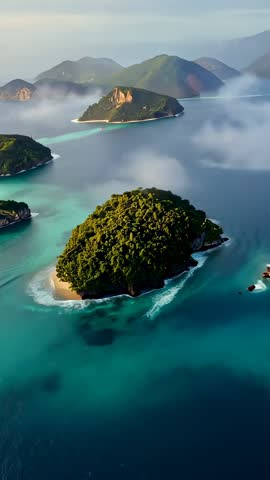 Ascending Drone Vertical Video Revealing Misty Tropical Island Chain with Turquoise Reef