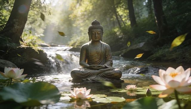 Stone buddha meditating on forest creek with lotus and waterfall in sunlit tranquility