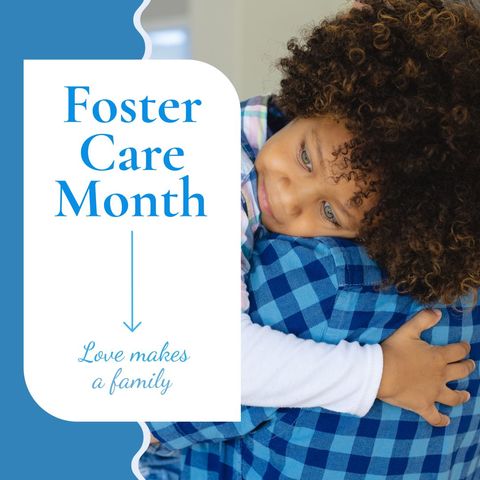 Commemoration of foster care month with embracing child