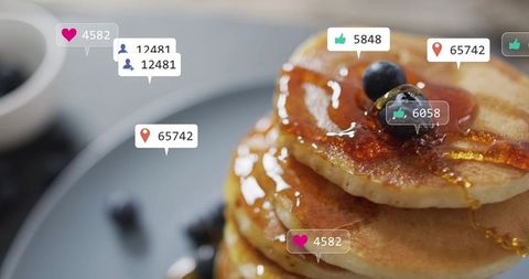 Dripping Syrup Pancake Stack with Blueberries, Glistening Glaze and Social Media Overlays
