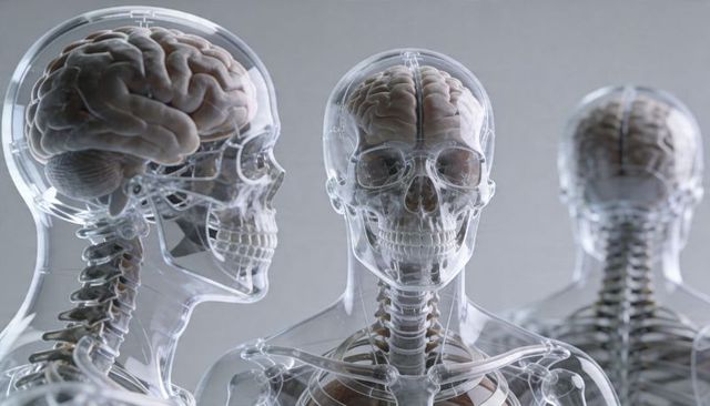 Transparent human anatomy triptych showing skull, brain and spine medical visualization