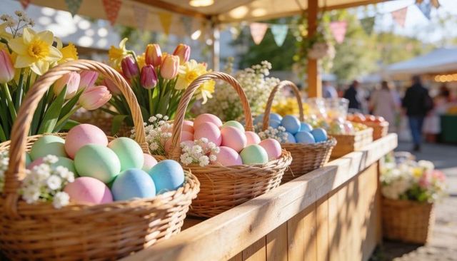 Sunlit spring market stall displaying pastel easter eggs in wicker baskets with tulips and daffodils