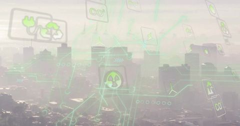 Futuristic Eco-Friendly Network Over Smoggy Urban Landscape