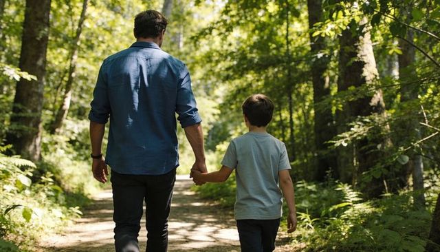 Father and Son Walking Hand-in-Hand on Sunlit Forest Trail Surrounded by Lush Greenery