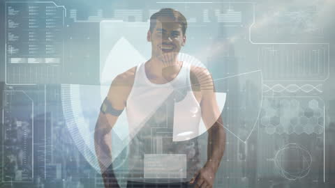 Digital Overlay on Smiling Man with Fitness Data Visualization