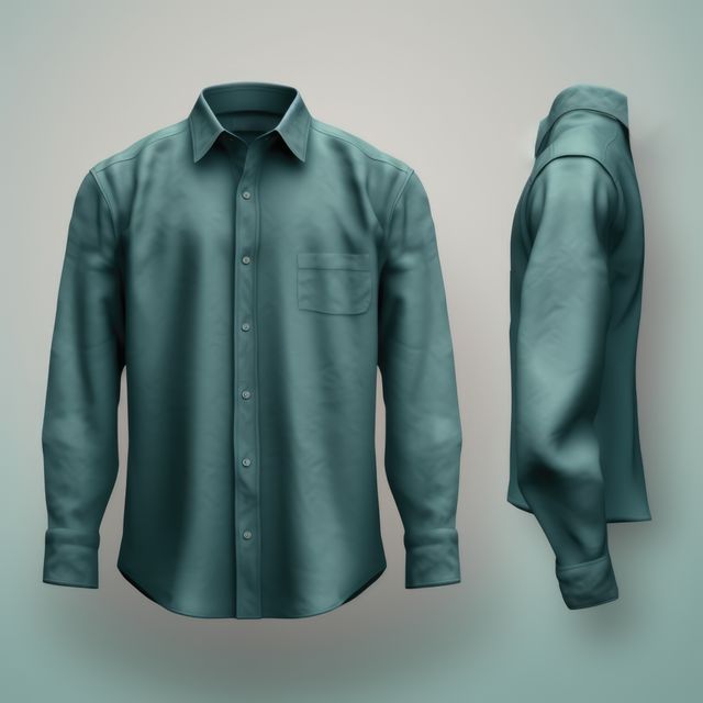 Front and back green shirt on grey background, created using generative ai technology. Fashion and clothes concept digitally generated image.