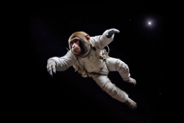 Monkey wearing an astronaut suit floating in outer space with stars in the background. Ideal for illustrating concepts of exploration and imagination. Can be used in children's book illustrations, educational materials about space and science, or in marketing materials promoting space-themed events or products aimed at young audiences.