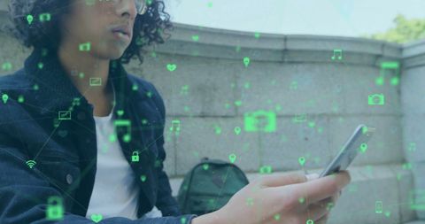 Connection Network with Biracial Man Using Smartphone Outdoors