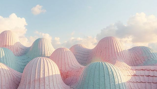 Curving pastel domes with ribbed scalloped tiles and cracked paint surreal installation