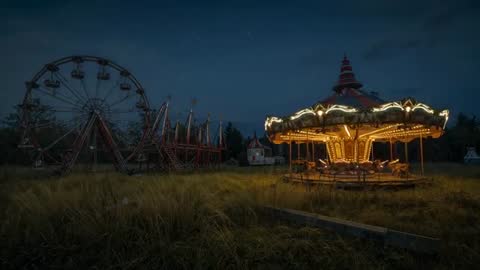 Rotating Vintage Carousel Illuminated at Dusk in Nostalgic Carnival