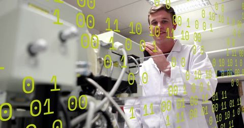 Lab Technician Adjusting Instrument with Binary Code Overlay for Digital Research and AI