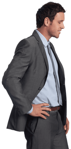 Confident Businessman in Grey Suit with Hand on Hip on Transparent Background