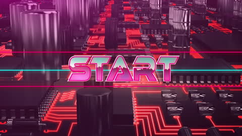Retro Neon Start Button in Futuristic Circuit Board World