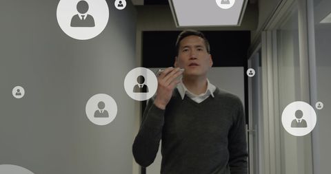 Businessman Enveloped in Digital Social Connectivity Display