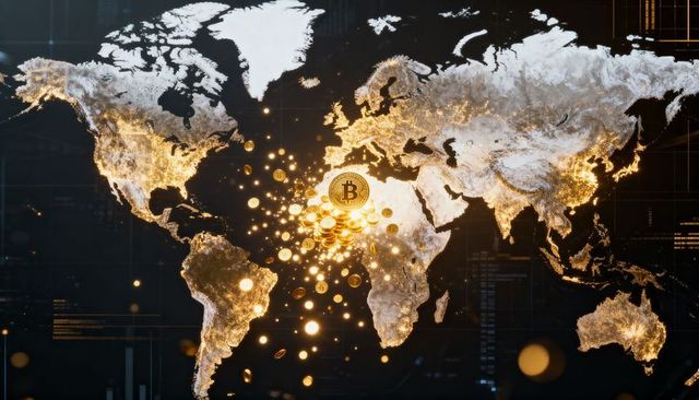Bitcoin network radiating gold coins over global digital map, blockchain finance visual