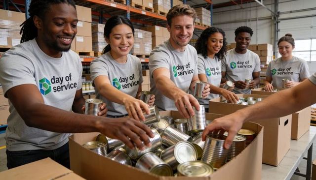 Diverse volunteers packing canned food donations in warehouse during day of service