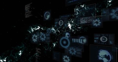 Holographic data network with floating hud panels and futuristic cyber analytics with neon grid