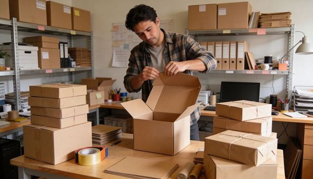 Small business owner packing cardboard boxes for ecommerce fulfillment on wooden worktable