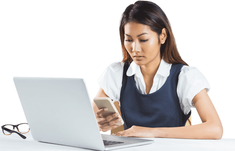 Transparent Image of Focused Businesswoman Using Laptop and Smartphone