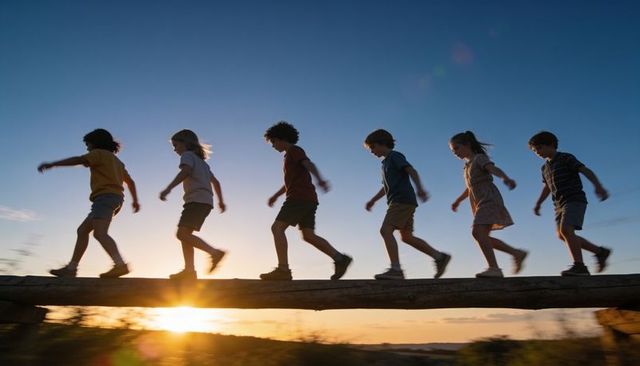 Children walking on log at sunset balancing together outdoors friends silhouette