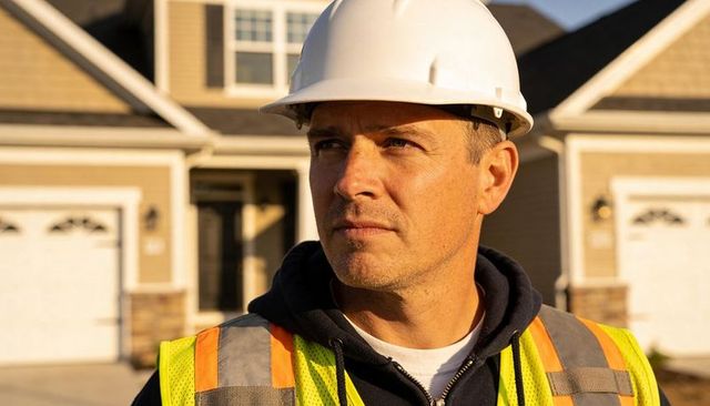 Builder surveying suburban home at golden hour wearing hard hat and safety vest