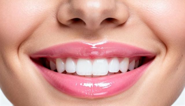 Close-up smile showing glossy pink lips and perfect white teeth for dental and cosmetic use