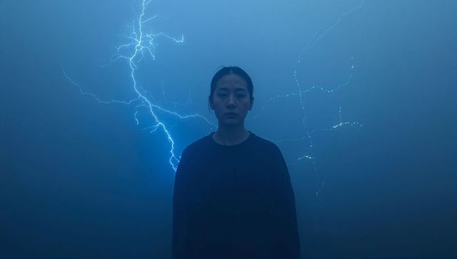 Asian woman standing amid cyan lightning and fog, wearing dark sweater, cinematic mood