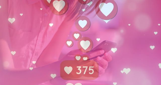 Image of changing numbers in speech bubble and heart icons over biracial woman using cellphone. Digital composite, multiple exposure, love, notifications, growth and technology concept.