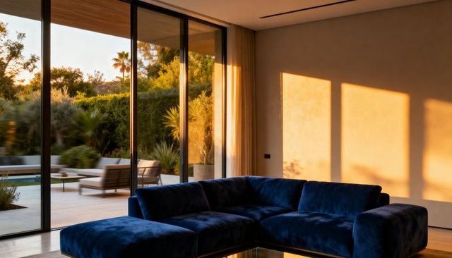 Sunlit luxury living room featuring deep blue velvet l-shaped sectional and pool view