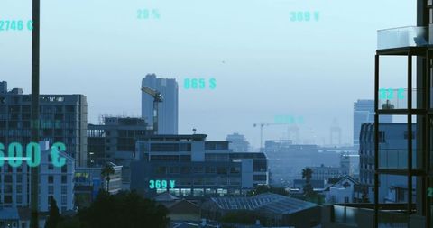 Coastal city skyline displaying augmented reality data overlays over highrise construction