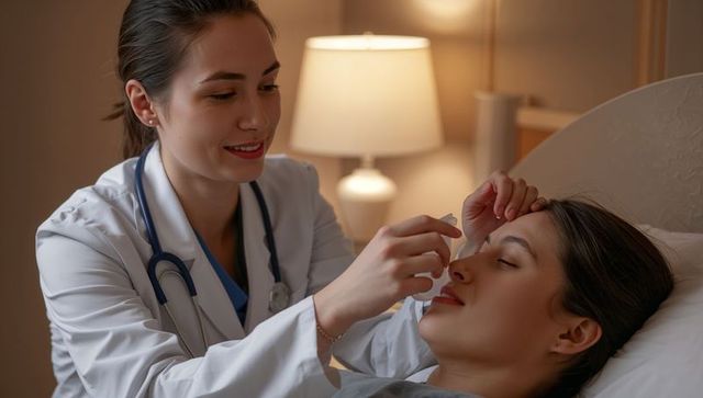 Clinician administering nasal drops to patient resting in bed, calm bedside care at night