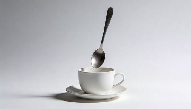 Floating spoon over white teacup and saucer minimalist still life composition