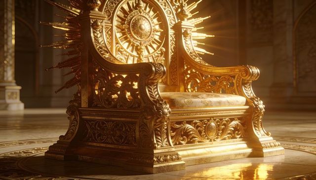 Gilded royal throne with sunburst backrest and ornate filigree on polished marble floor