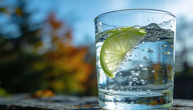 Sparkling water with lime wedge bubbling on stone ledge, sunlit bokeh background, macro