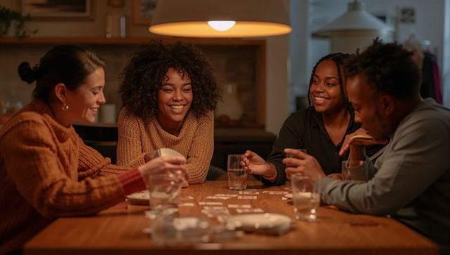 Friends gathering around wooden table playing card game and laughing in cozy kitchen