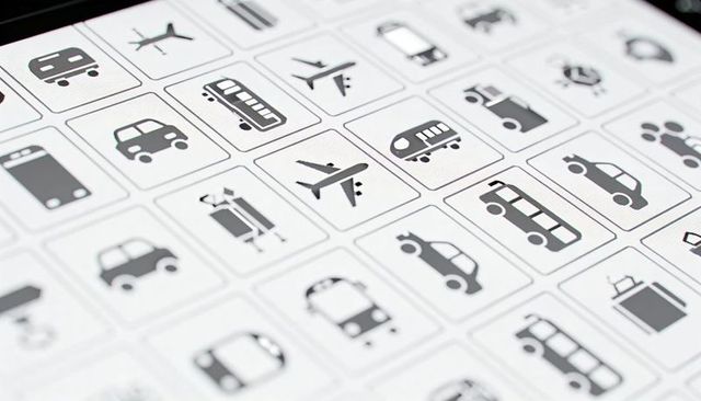Displaying tilted grid of monochrome travel and transport icons on clean digital interface