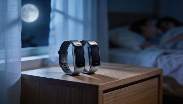 Moonlit bedside twin fitness trackers for sleep monitoring and couple wellness branding