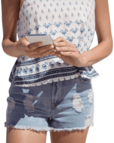 Transparent woman texting on smartphone in casual summer attire