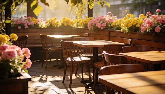 Golden sunlit cafe terrace with wooden tables, bentwood chairs and flower-lined planters