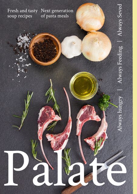 This template image highlights raw lamb chops garnished with fresh herbs, onions, and peppers, presented with elegance and a touch of Mediterranean flavor. Perfect for culinary workshops, food bloggers, restaurant promotions, cooking class advertisements, recipe books, and gourmet food enthusiast magazines.