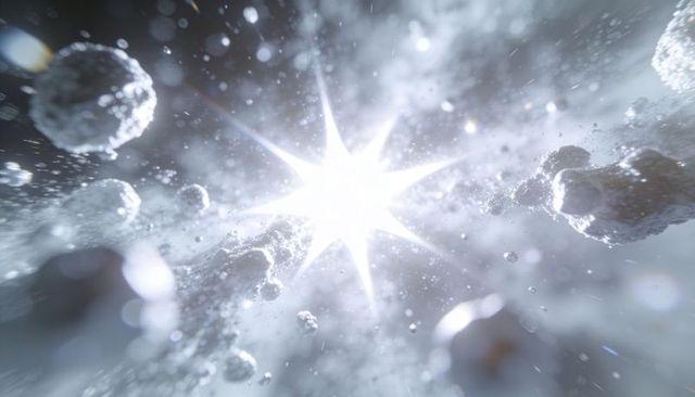 Blinding stellar burst emitting radiant beams through dusty asteroid field