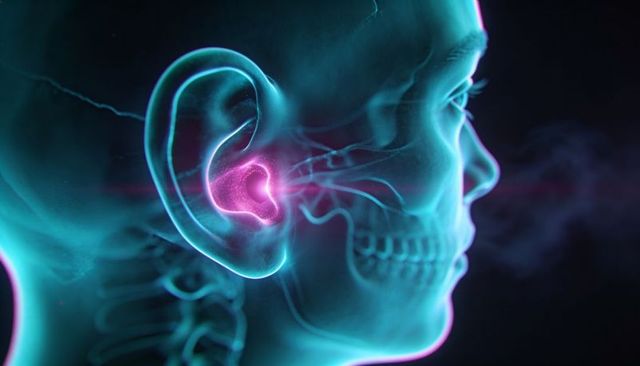 3d medical rendering revealing inner ear and glowing cochlea in neon cyan and magenta