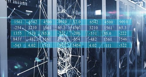 Technology dashboard with central server cabinets and data overlays